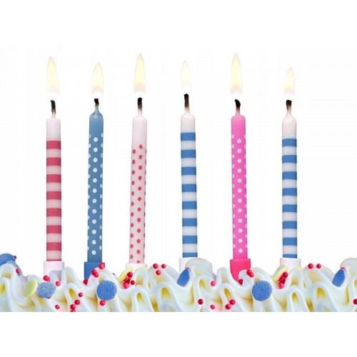 PartyDeco birthday candles - stripes / dots - blue / pink 6pcs