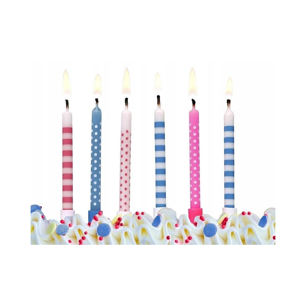 PartyDeco birthday candles - stripes / dots - blue / pink 6pcs