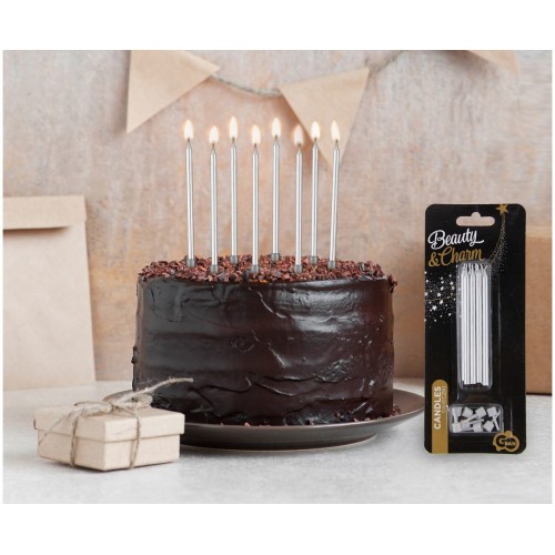 Silver birthday candles with holder 10cm - 8 pcs