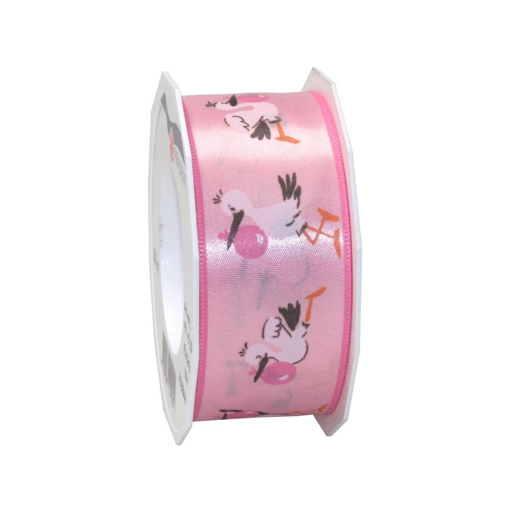 Satin ribbon - baby pink - stork - 2m/ 40mm