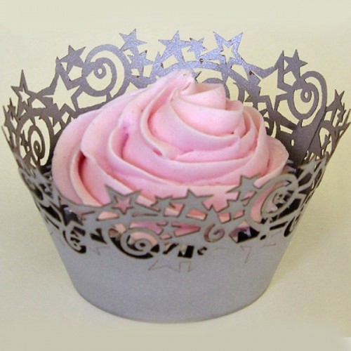 PME Cupcake Wrappers - krajkový košíček - stříbrné hvězdy  - 12ks