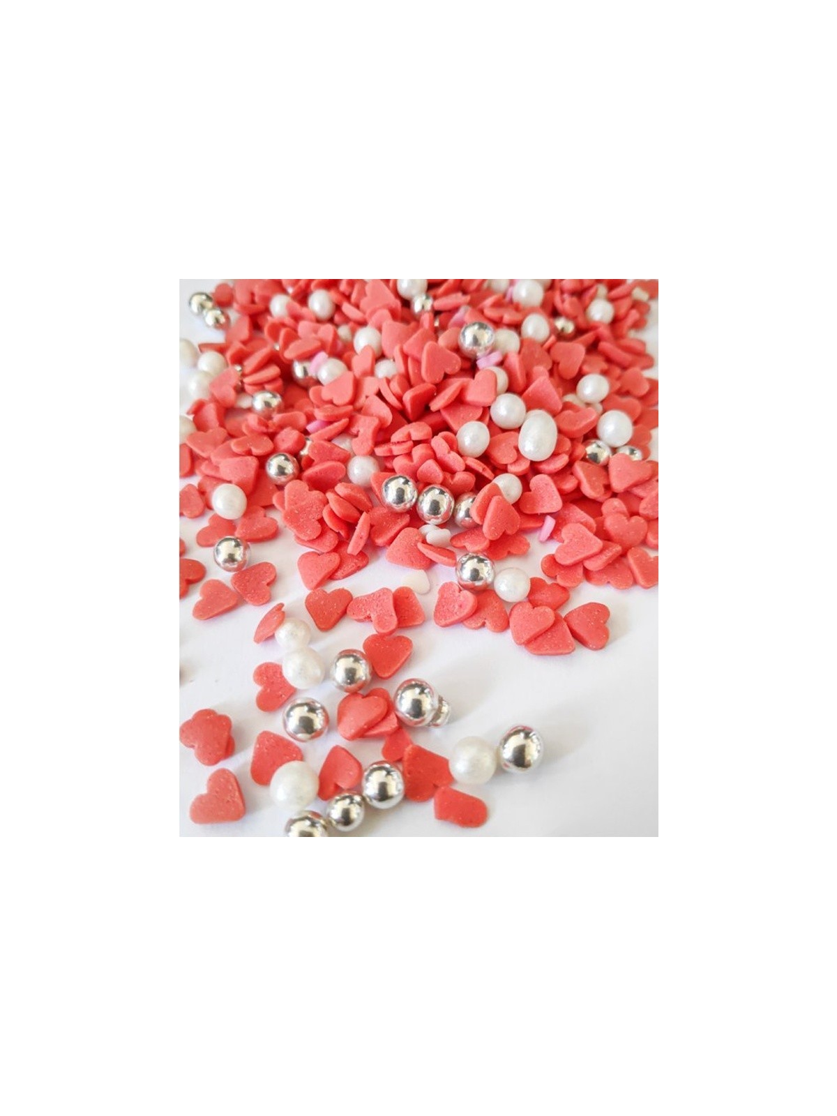 Sugar beads / hearts - white / red - 100g